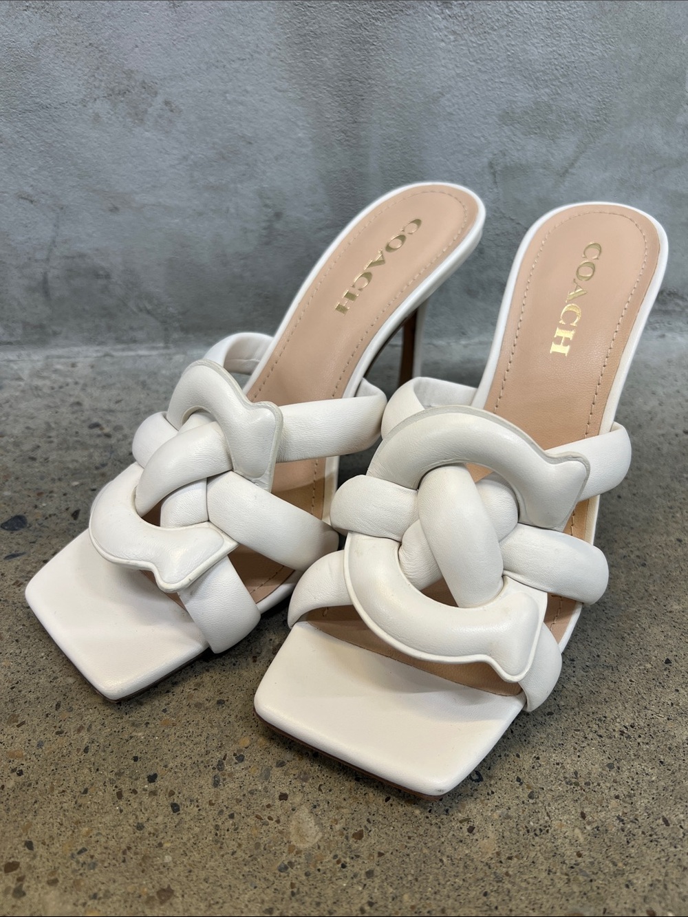 Coach White Knotted Leather Slide Heels